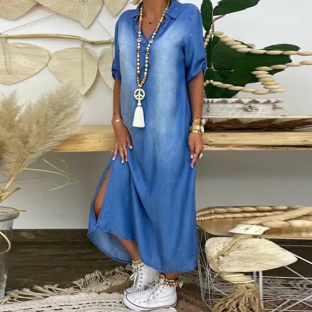 Leyla™ | Denim-Look Maxi Dress with Side Slit