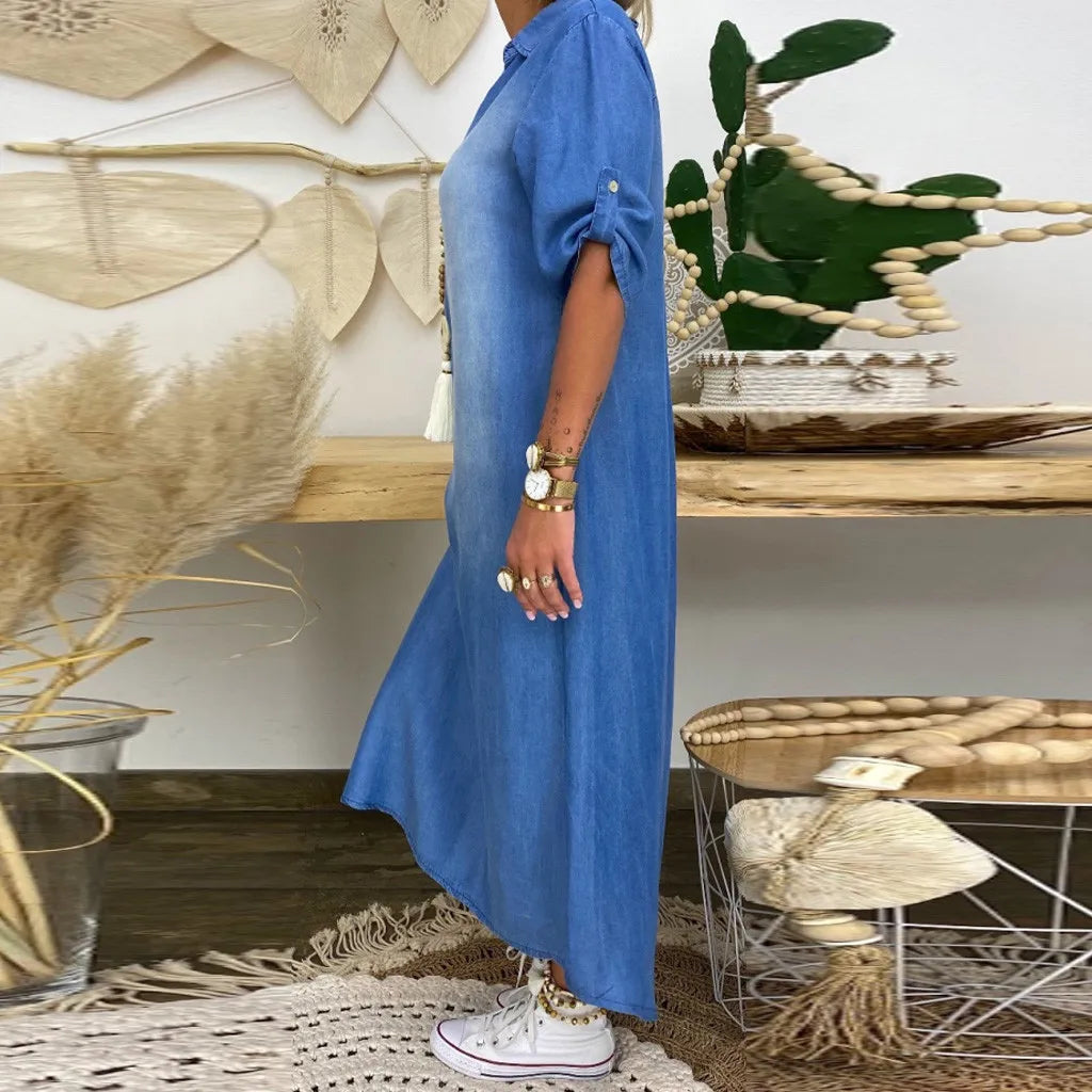 Leyla™ | Denim-Look Maxi Dress with Side Slit