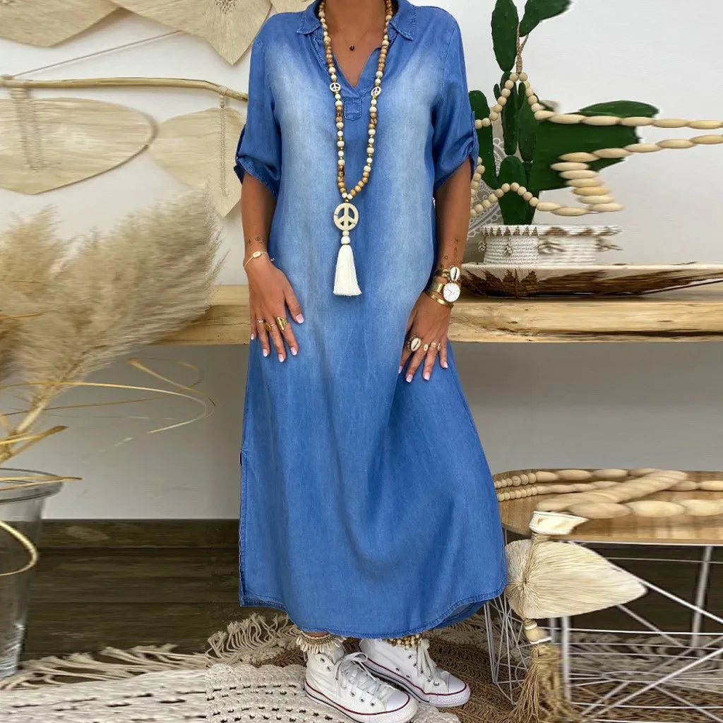 Leyla™ | Denim-Look Maxi Dress with Side Slit