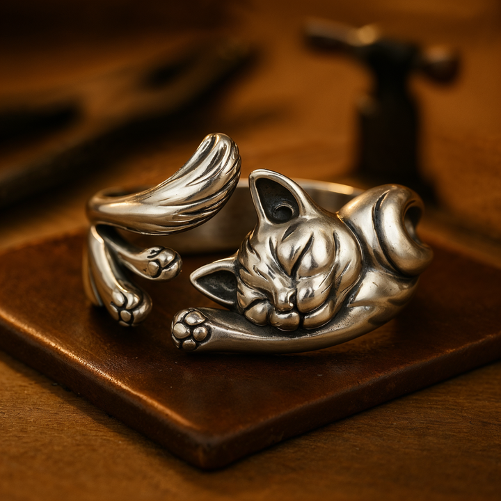 WhiskerLuxe™ | Vintage Silver Cat Ring