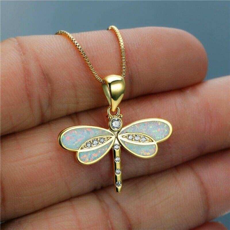 Sophisticated Gold-Dipped Blue Opal Dragonfly Pendant